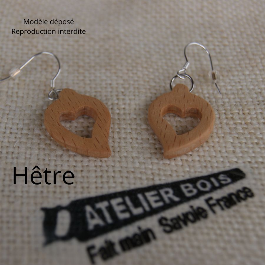 oorbellen hart gewaxt beukenhout, hout bruiloft, valentijnsdag, handgemaakt