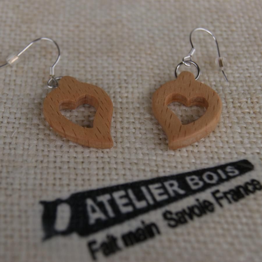 oorbellen hart gewaxt beukenhout, hout bruiloft, valentijnsdag, handgemaakt