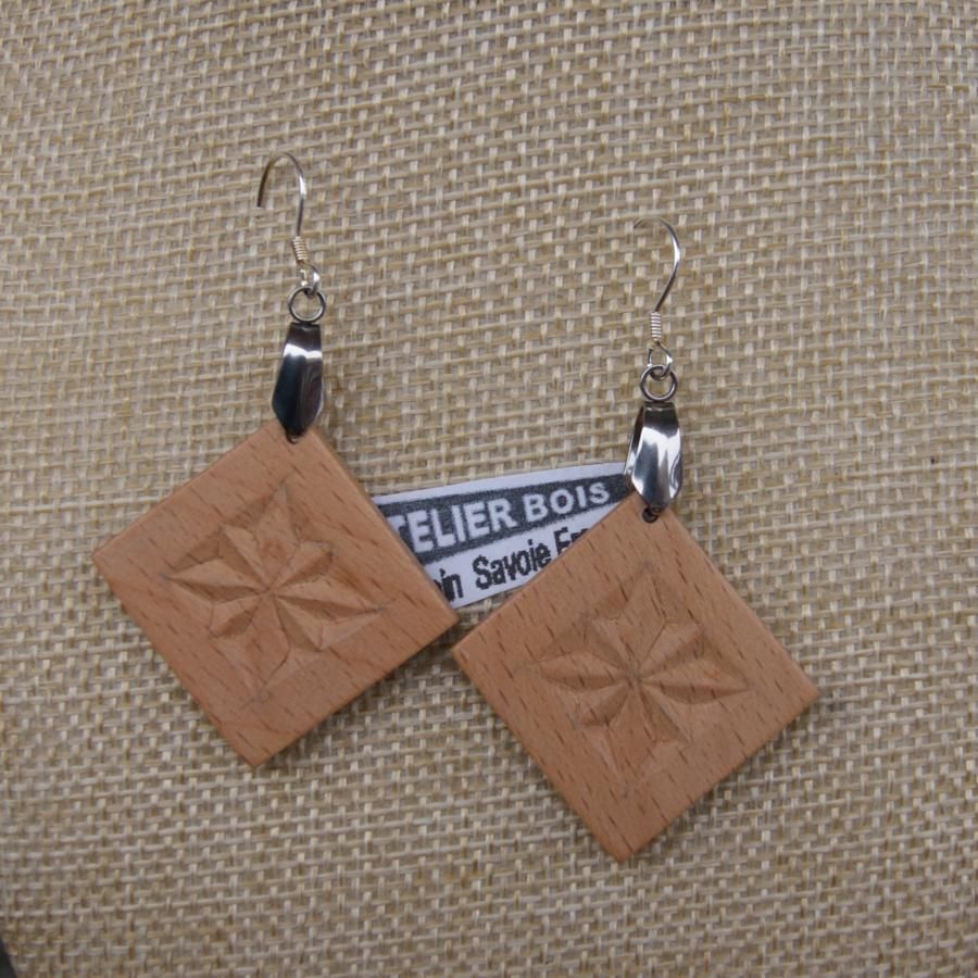 oorbellen vierkant gesneden sieraden natuur massief hout Hetre handgemaakt