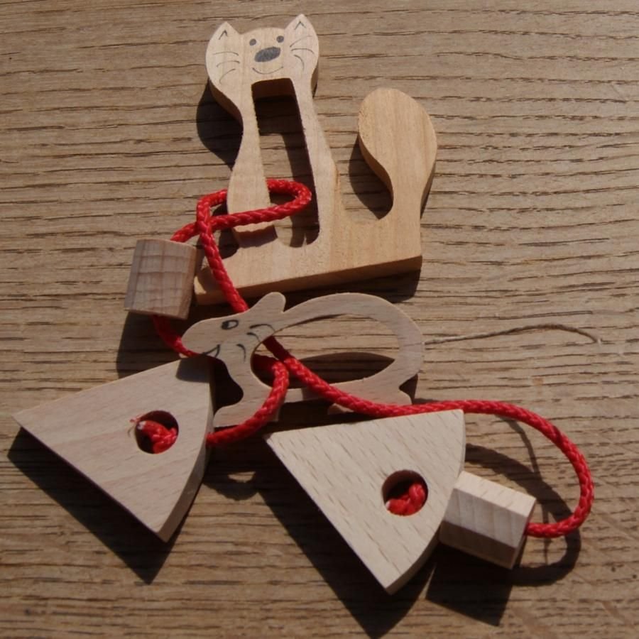 Kat en muis puzzel Hout en touw