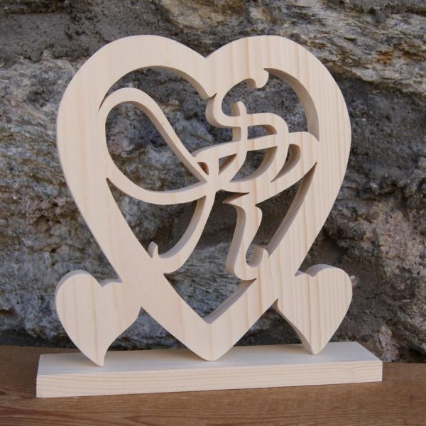 Coeur noce de bois, 5 ans de mariage, initiales personnalis&eacute;es, id&eacute;e cadeau noces de bois