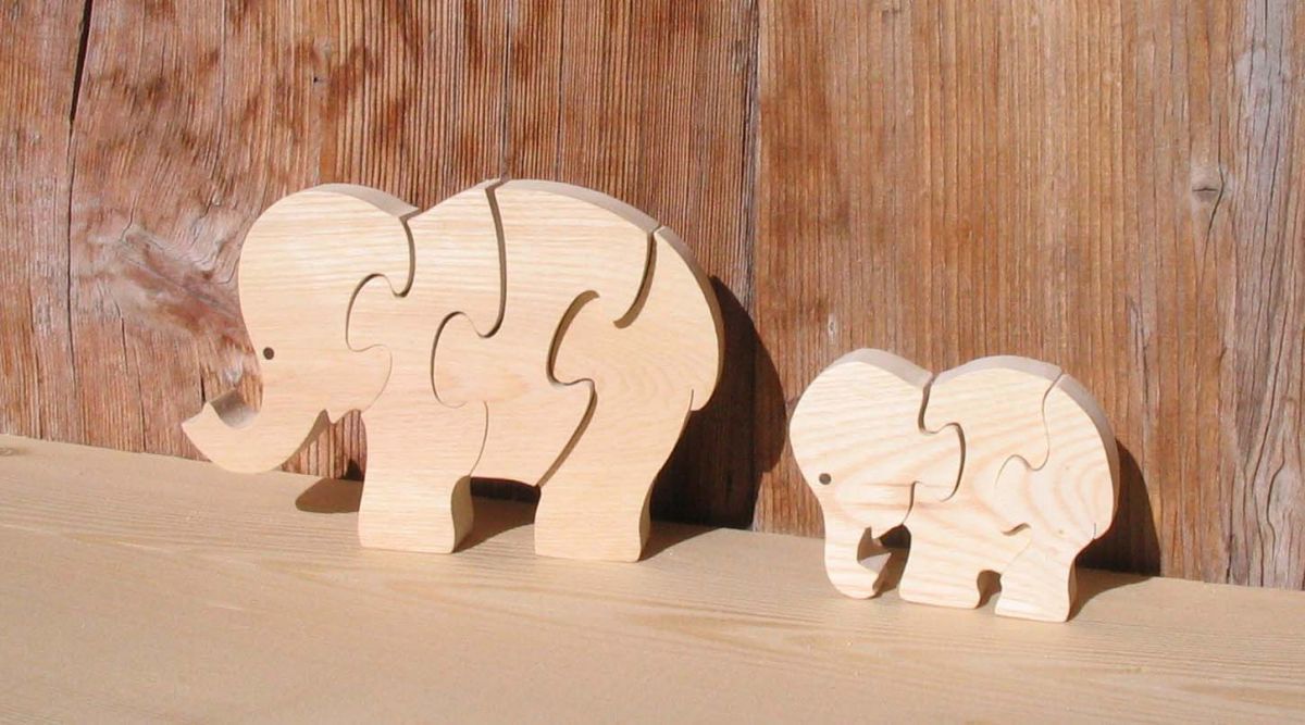 olifant puzzel 4 stukken massief beukenhout, handgemaakt, savanne dieren