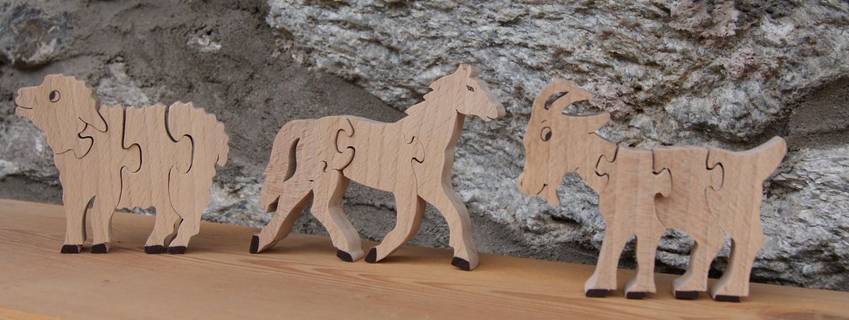 4 stuks massief houten puzzel geit Hetre handgemaakt, boerderijdieren