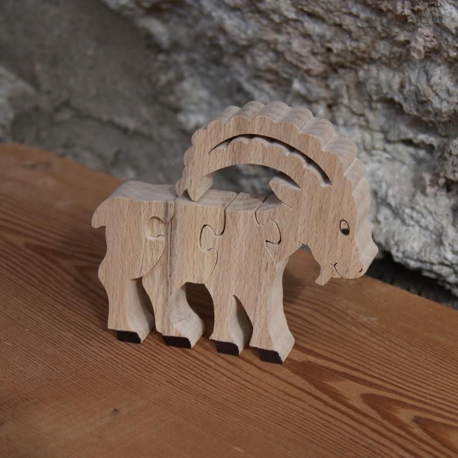 Houten legpuzzel 4 stukken steenbok in massief beuken, handgemaakt, bergdieren