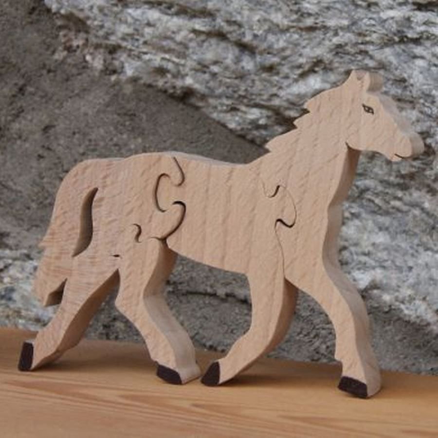 Houten puzzel 4 stukken paardrijden handgemaakt massief hout, boerderijdieren
