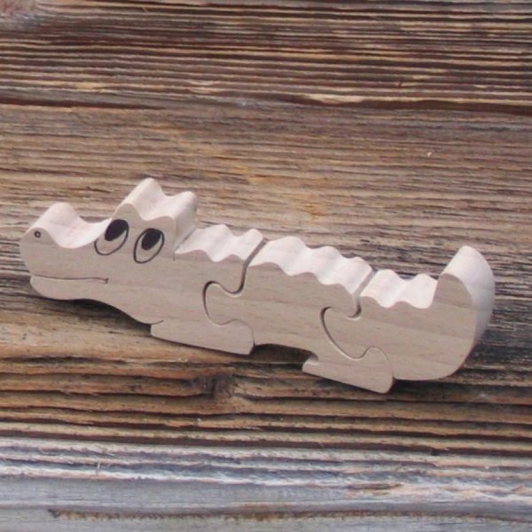 Houten puzzel 3 stukken krokodil beukenhout, handgesneden, dieren