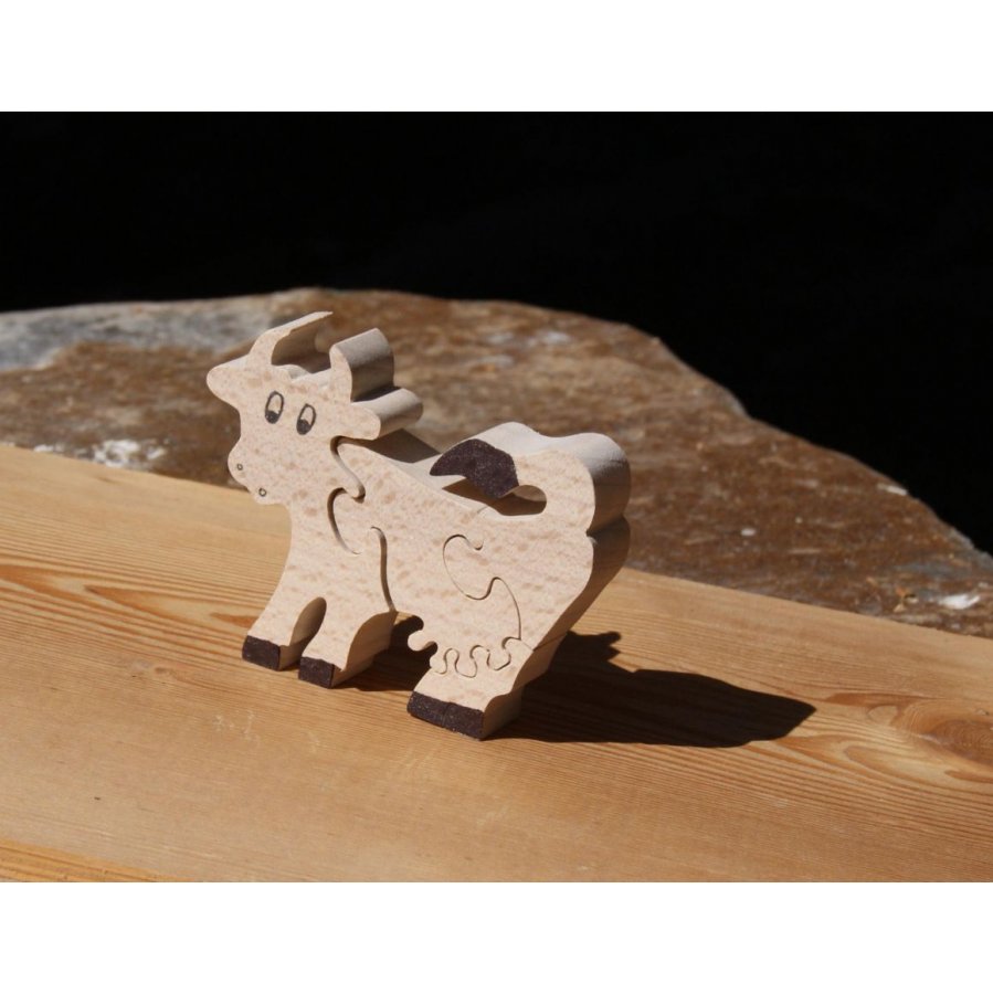 Houten puzzel 4 stukken massief beukenhout koe, handgemaakt, boerderijdieren