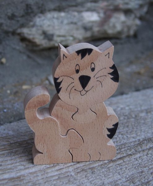 Houten puzzel 3 stukjes kat, Hetre kitten, handgemaakt