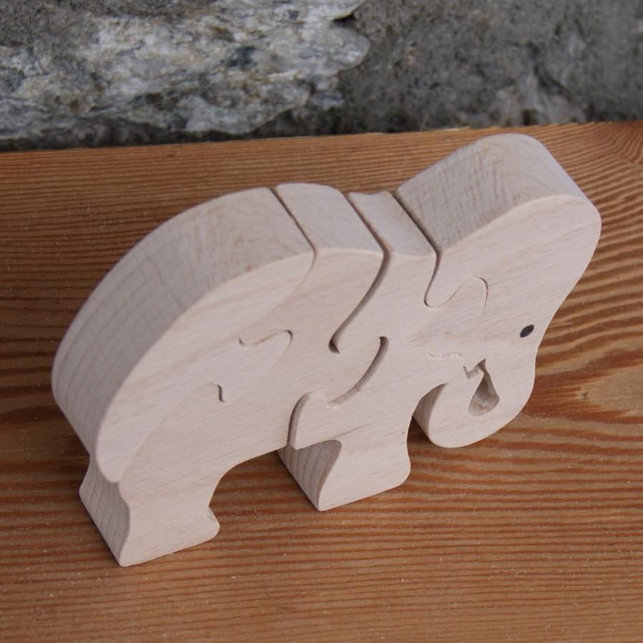 Houten puzzel 4 stukken etende olifant Massief hout, handgemaakt