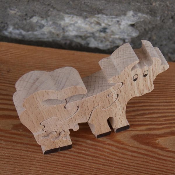 Houten puzzel 4 stukken massief beukenhout koe, handgemaakt, boerderijdieren
