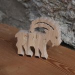 Houten legpuzzel 4 stukken steenbok in massief beuken, handgemaakt, bergdieren