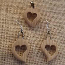 Essenhouten hartenset, oorbellen en hanger cadeau, natuur valentijnsdag
