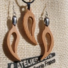 Beukenhouten holle bladset, handgemaakte oorbellen en hanger